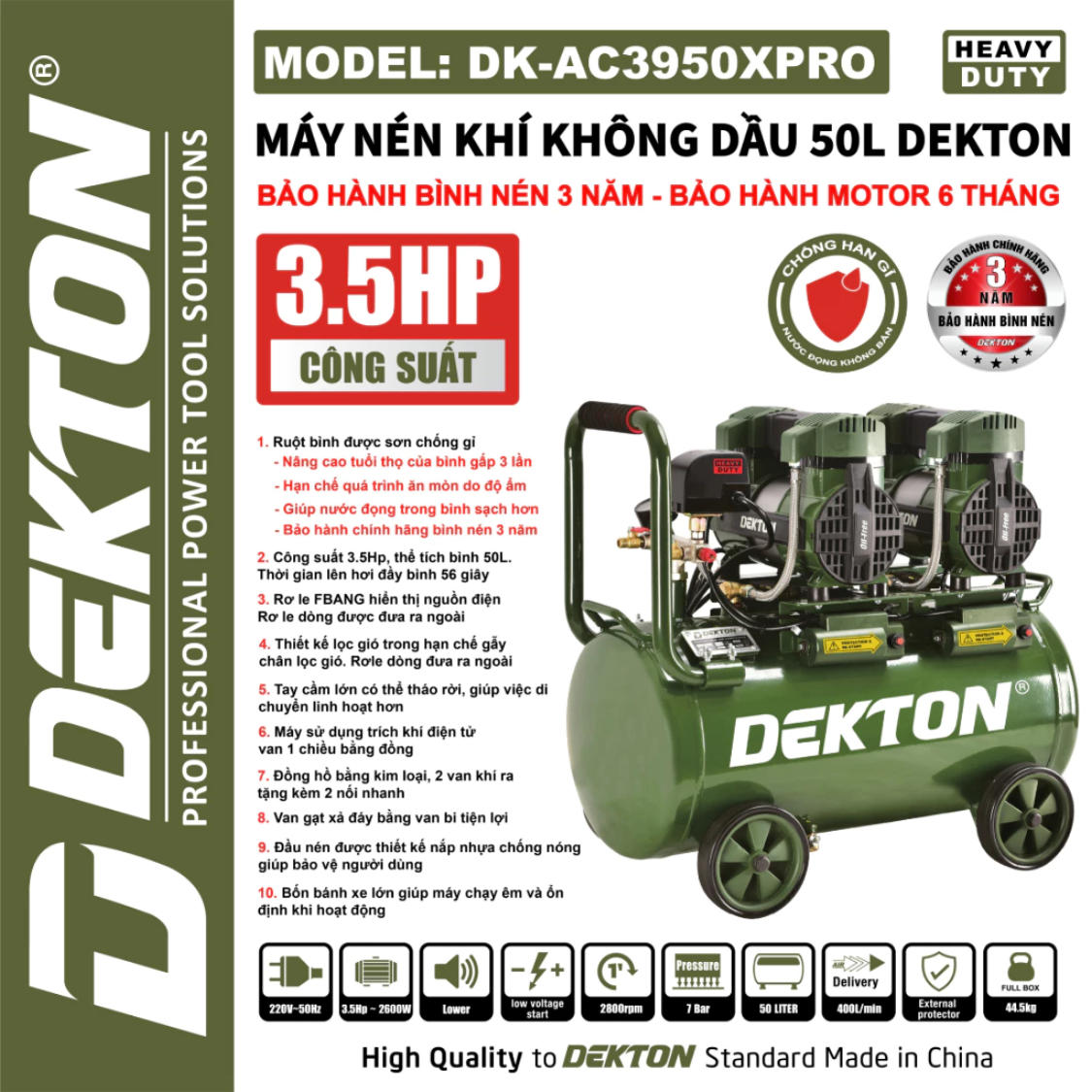 Máy Nén Khí Không Dầu Dekton 50 Lít DK-AC3950XPRO - Công Suất 3.5 HP 2600W - Nạp Hơi Nhanh 56 Giây