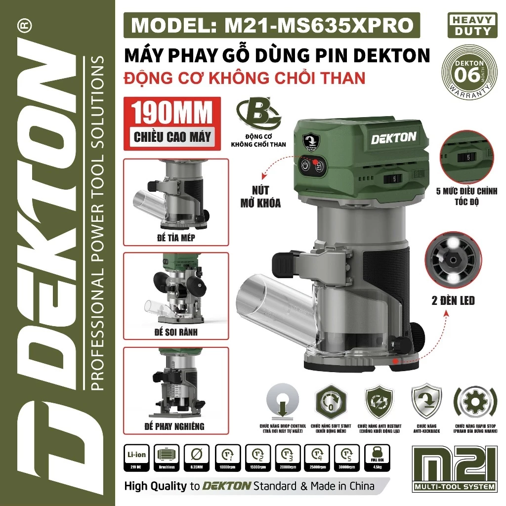 Máy phay gỗ 21V Dekton M21-MS635XPRO