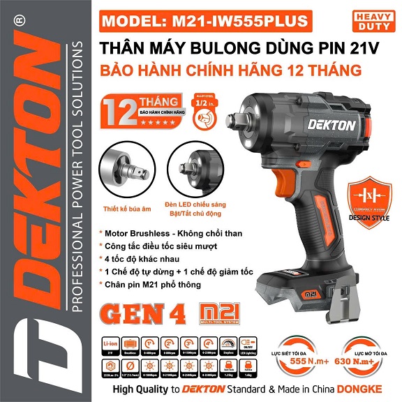 Máy siết bu lông dùng pin 21V Dekton M21-IW555PLUS xám 555Nm