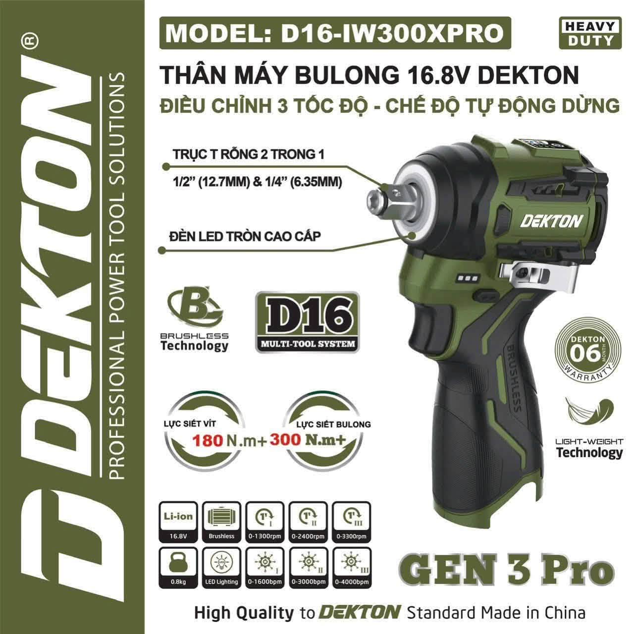 Máy Siết Bulong 16V Dekton D16-IW300XPRO Đầu 2 Trong 1, Lực Siết 300Nm, Động Cơ Không Chổi Than