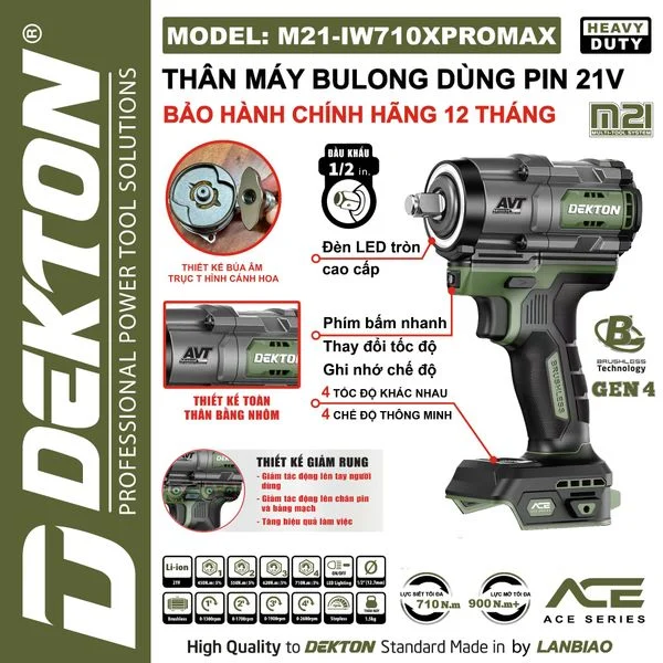Máy Siết Bulong 710Nm 21V Dekton IW710XPROMAX Chính Hãng Model M21-IW710XPROMAX