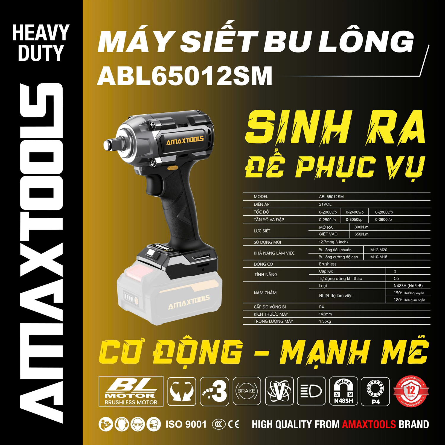 Máy Siết Bulong Amaxtools 630Nm Pin 21V ABL65012SM, Không Chổi Than, Lực Mở 800Nm