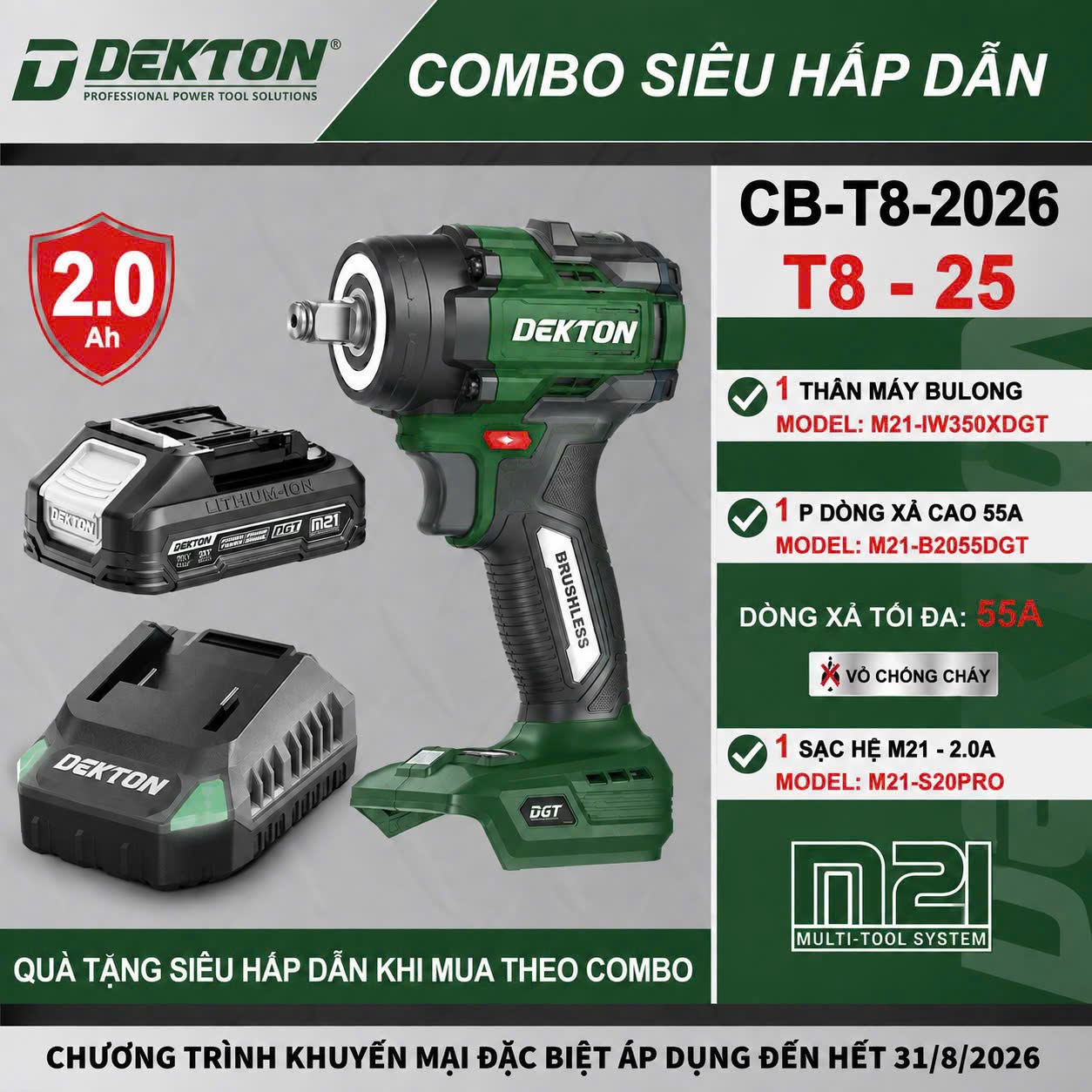 Máy Siết Bulong Dekton 350Nm M21-IW350DGT, M21-IW350XDGT Dùng Pin 21V Chính Hãng