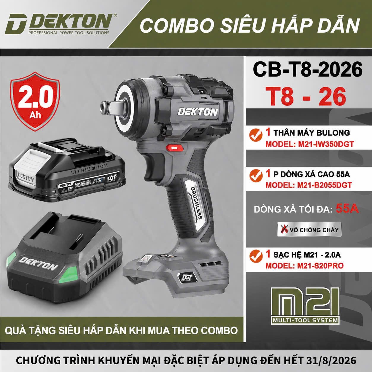 Máy Siết Bulong Dekton 350Nm M21-IW350DGT, M21-IW350XDGT Dùng Pin 21V Chính Hãng