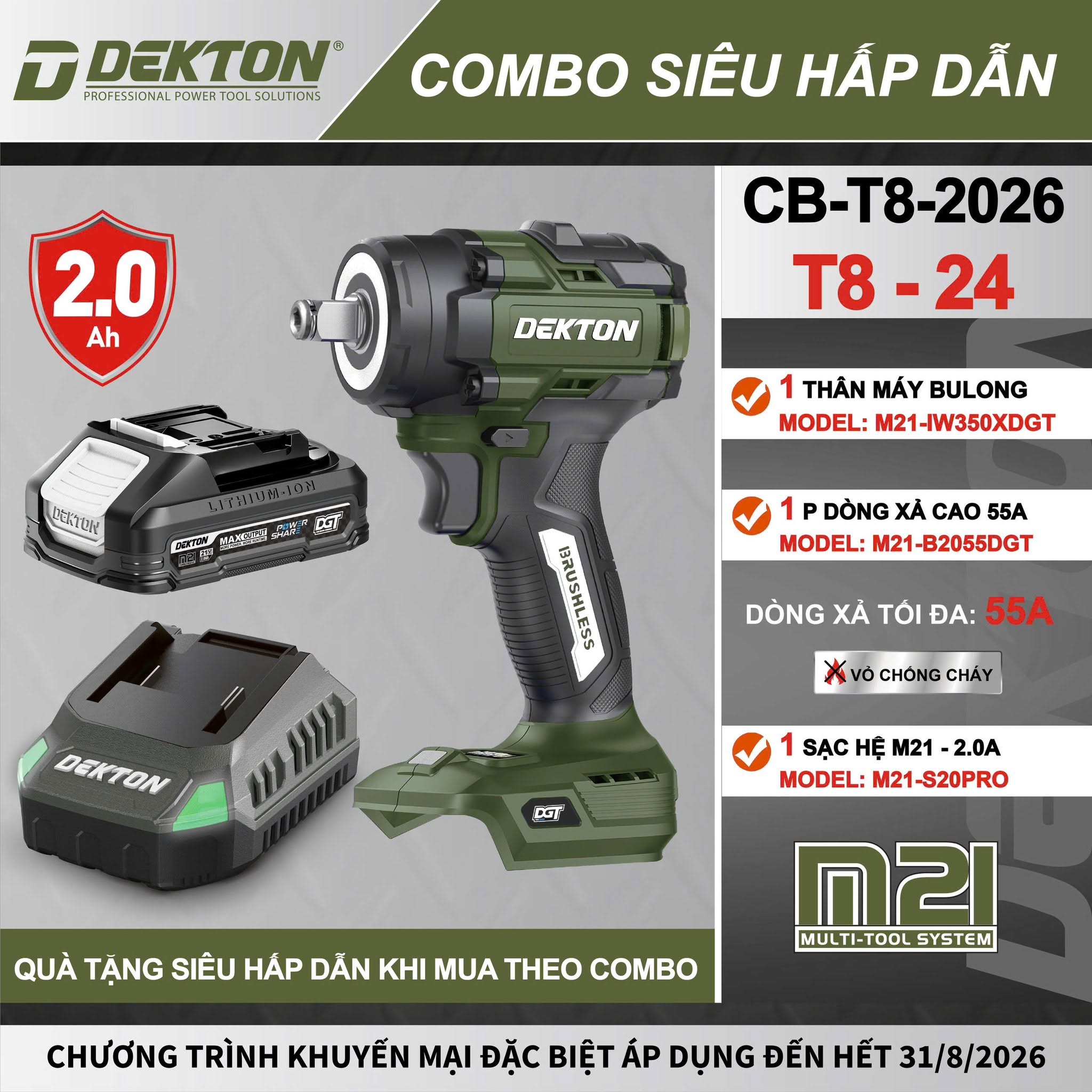 Máy Siết Bulong Dekton 350Nm M21-IW350DGT, M21-IW350XDGT Dùng Pin 21V Chính Hãng