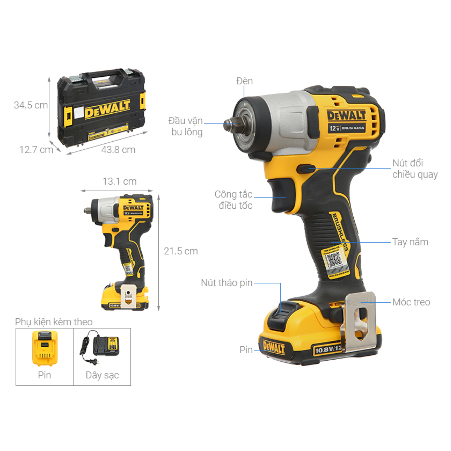 Máy Siết Bulong Pin 12V Dewalt DCF902D2-KR Động Cơ Không Chổi Than, Lực Siết 168Nm