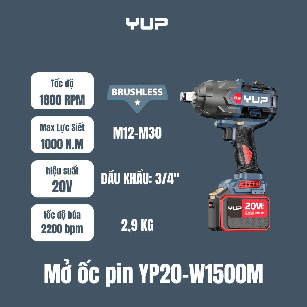 Máy Siết Bulong Pin Yupai YP20 W1500M - Lực Siết 1500Nm Chính Hãng