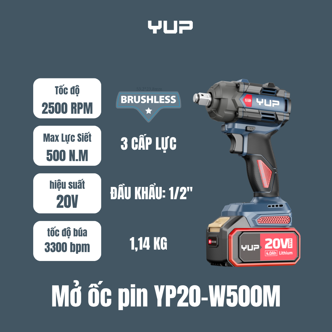 Máy Siết Bulong Pin Yupai YP20 W500M Lực Siết 500Nm, Đầu Khẩu 12 Inch Giá Tốt