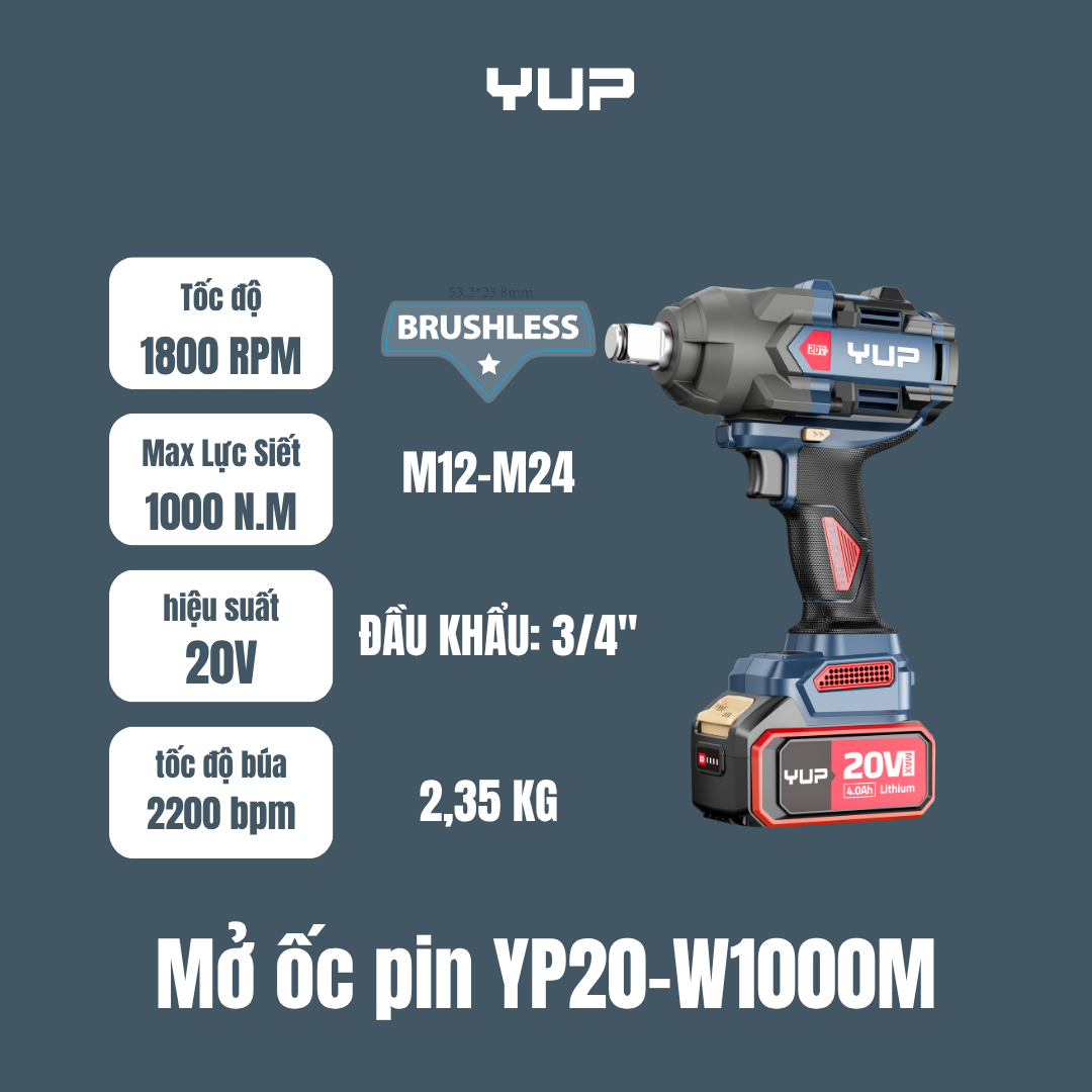 Máy Siết Bulong Yupai YP20 W1000M Chính Hãng, Lực Siết 1000Nm, Đầu Khẩu 3/4 Inch