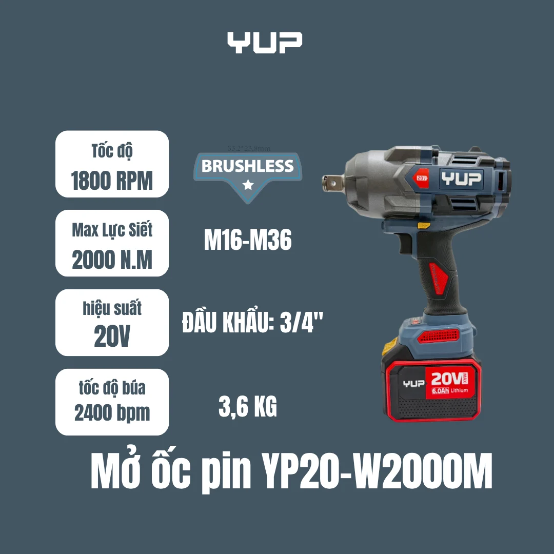 Máy Siết Bulong Yupai YP20 W2000A Lực Siết 2000Nm, Động Cơ Không Chổi Than