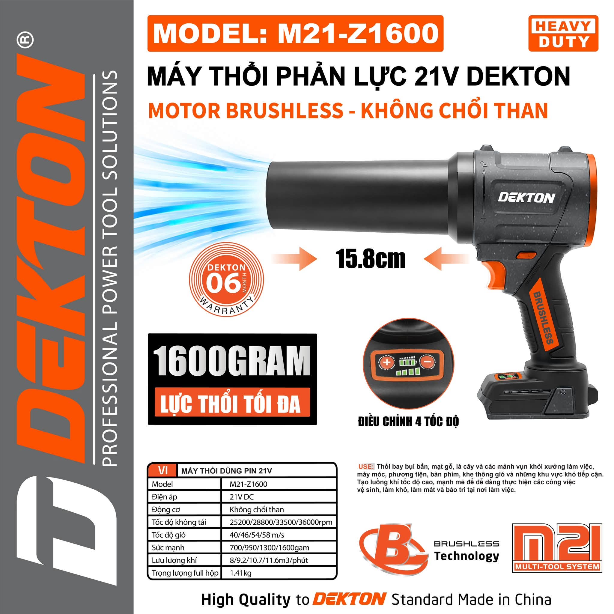 Máy Thổi Phản Lực Dekton 1600G M21-Z1600 Chính Hãng, Tốc Độ 36000 RPM