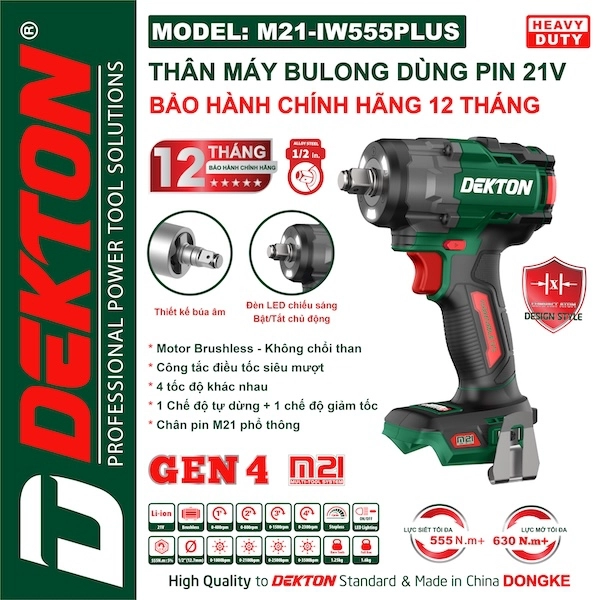 Máy vặn bu lông dùng pin 21V Dekton M21-IW555PLUS xanh