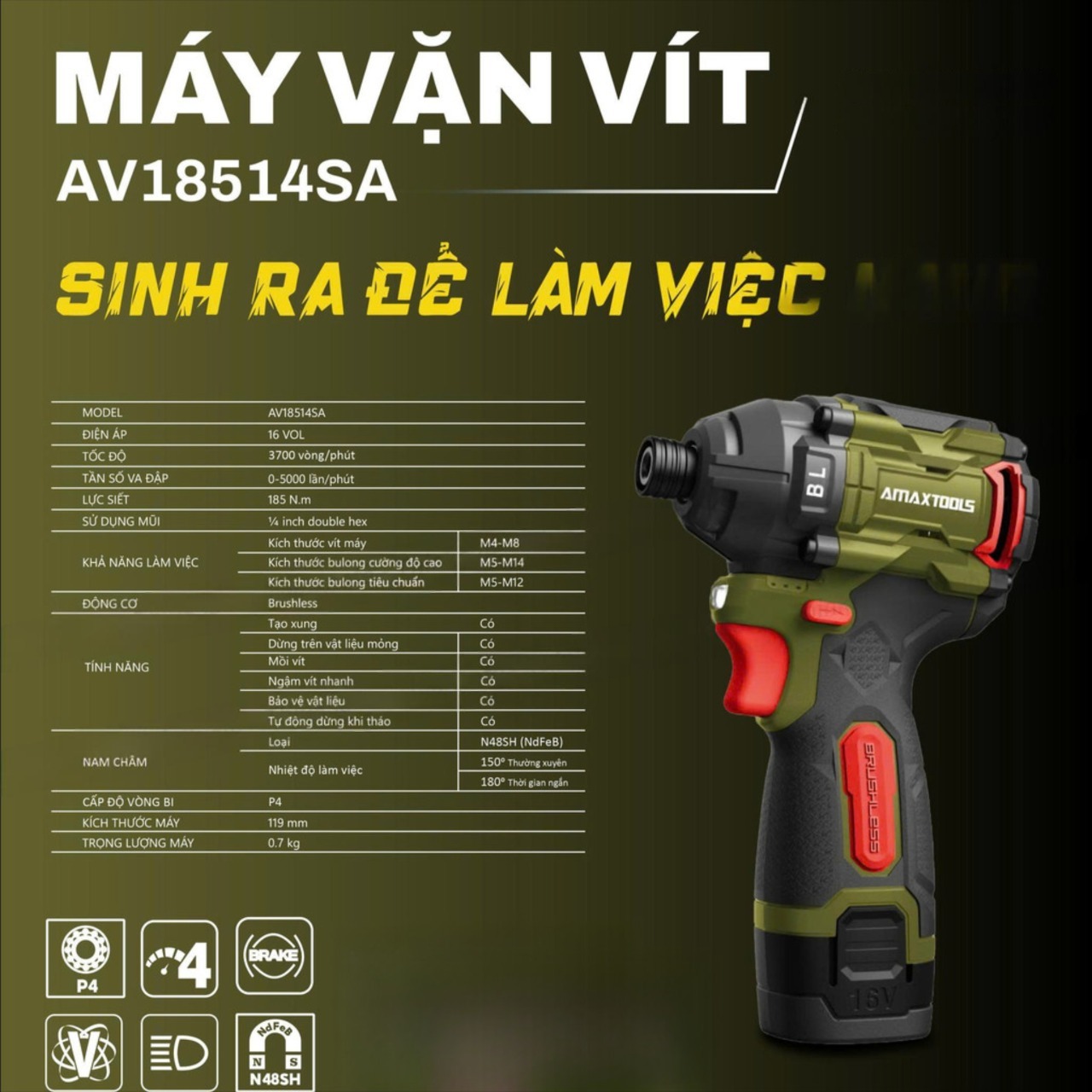 Máy Vặn Vít Dùng Pin 16V Amaxtools AV18514SA (2 Pin 2.0Ah, 1 Sạc)