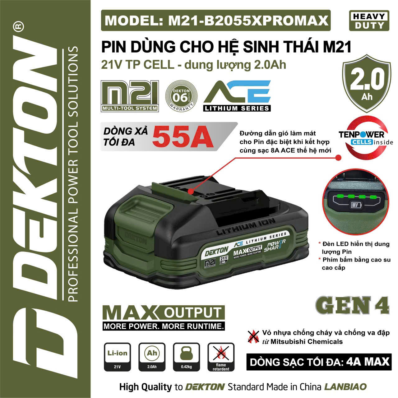 Pin Dekton 21V 2.0Ah Dekton M21-B2055XPROMAX Dòng Pin Chất Lượng Cao