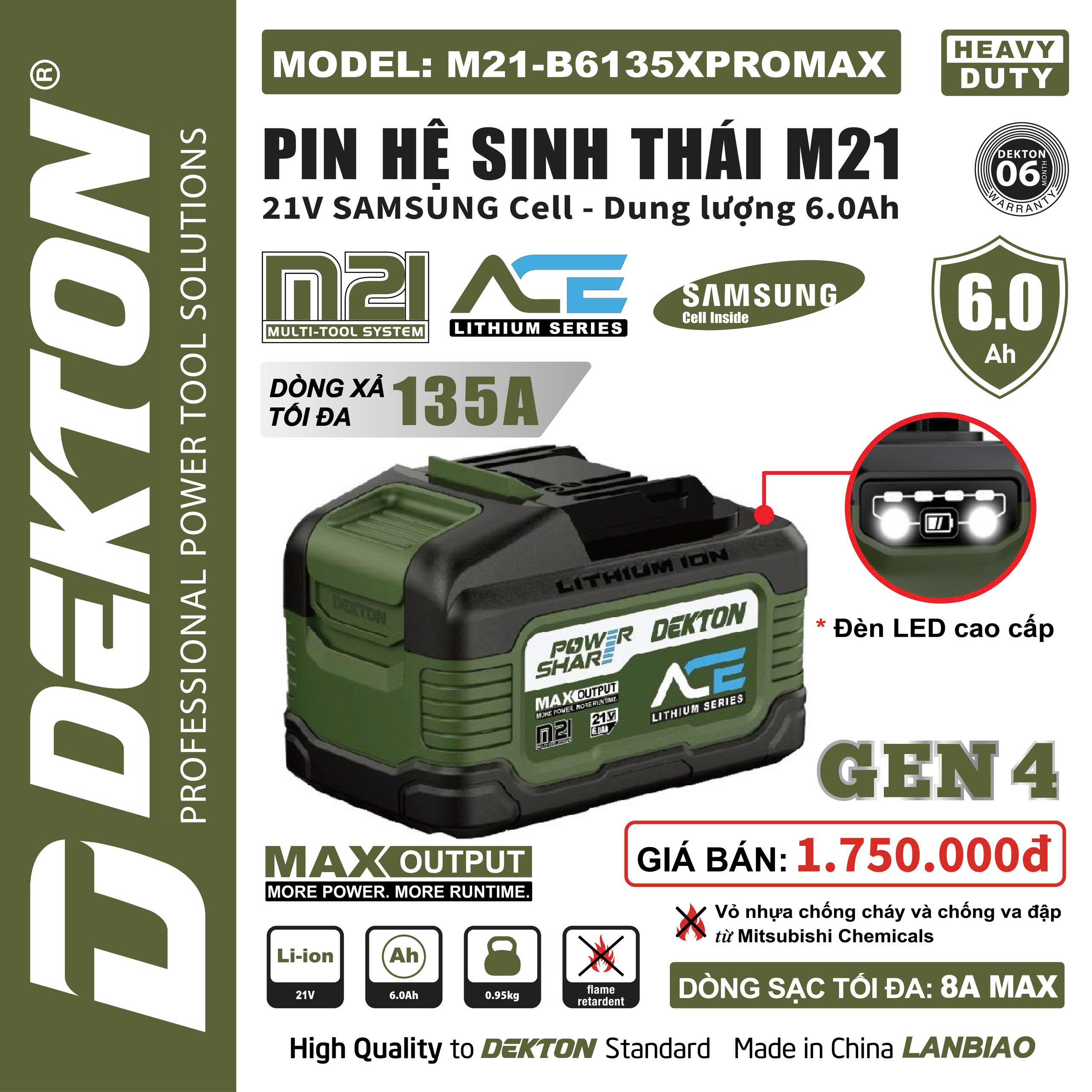 Pin Dekton Gen 4 M21-B6135XPROMAX 6.0Ah Samsung Cell Chính Hãng