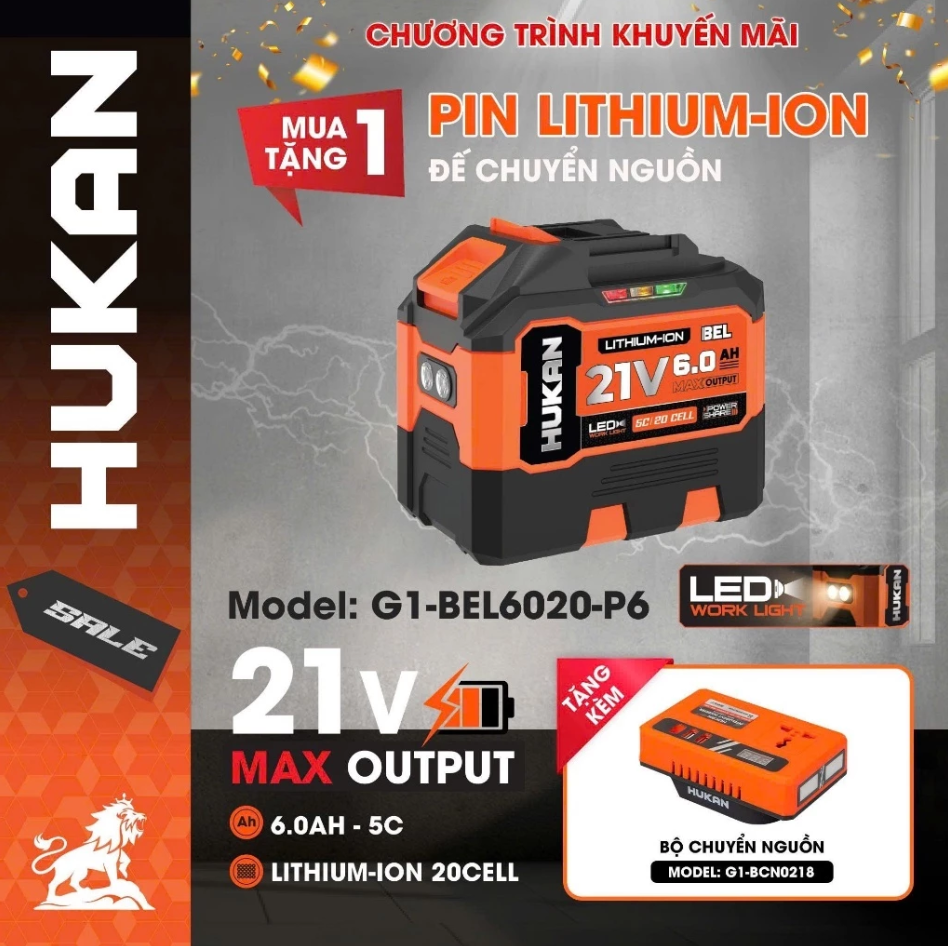 Pin 20 Cell 6Ah Hukan G1-BEL6020-P6 Tặng Đế Chuyển Nguồn