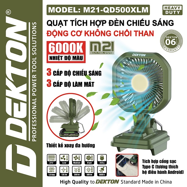 Quạt Tích Hợp Đèn Dekton M21-QD500XLM, 3 Cấp Chỉnh Tốc, Chính Hãng QD500XLM