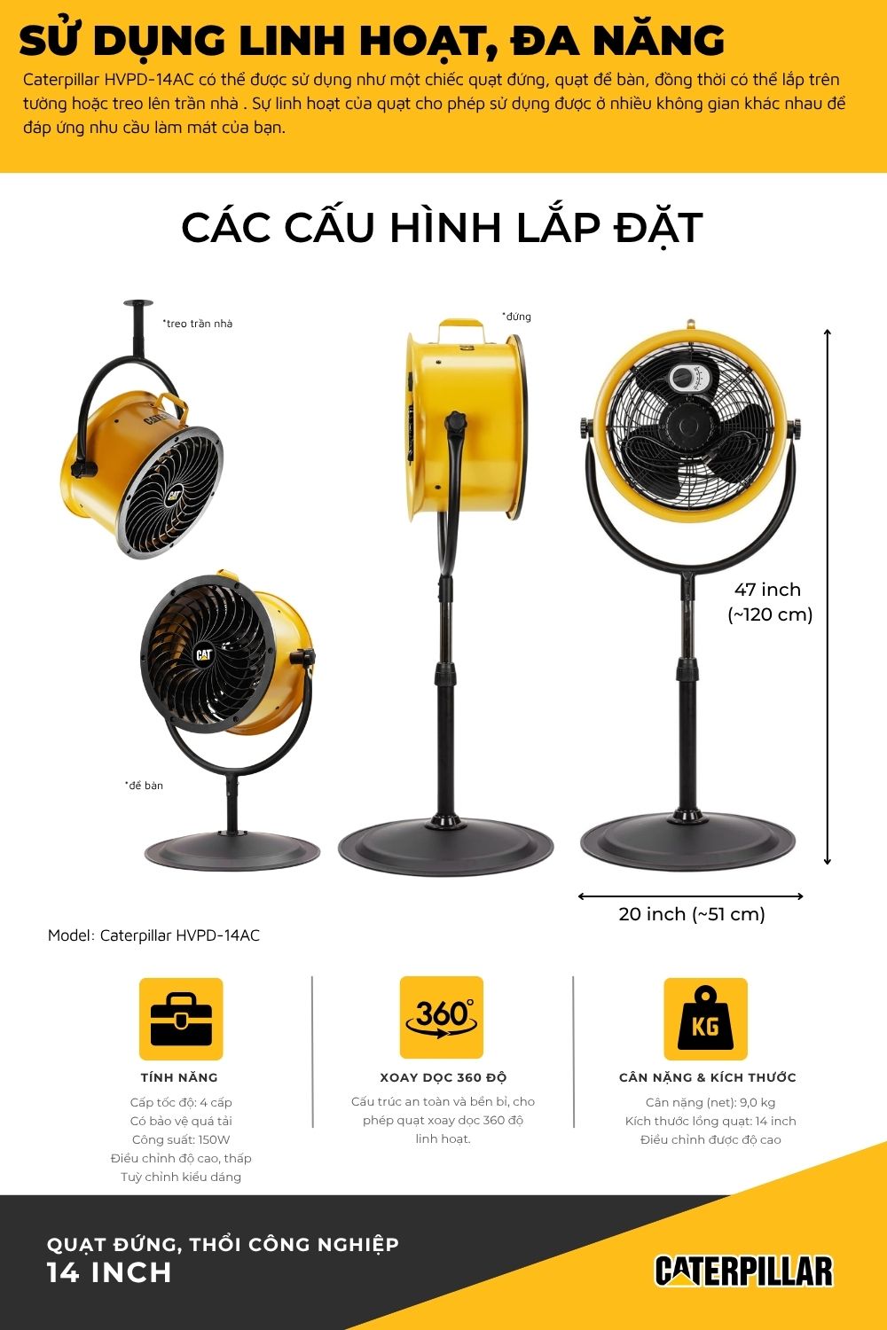 Quạt đứng c&ocirc;ng nghiệp Caterpillar 14 inch HVPD-14AC 3