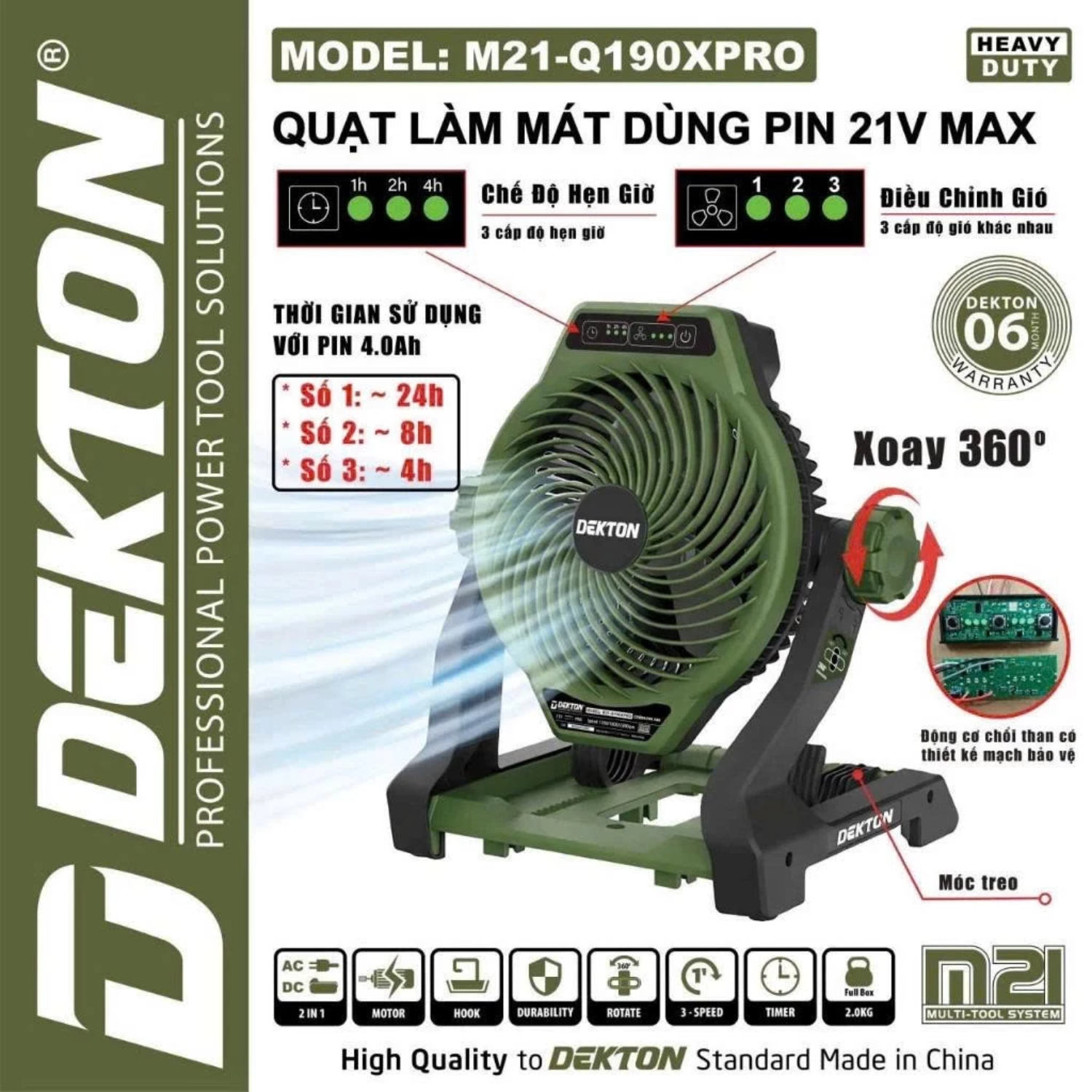 Quạt Phun Sương Dùng Pin 21V Dekton M21-QPS190XPRO Tốc Độ Gió 7.5m/s