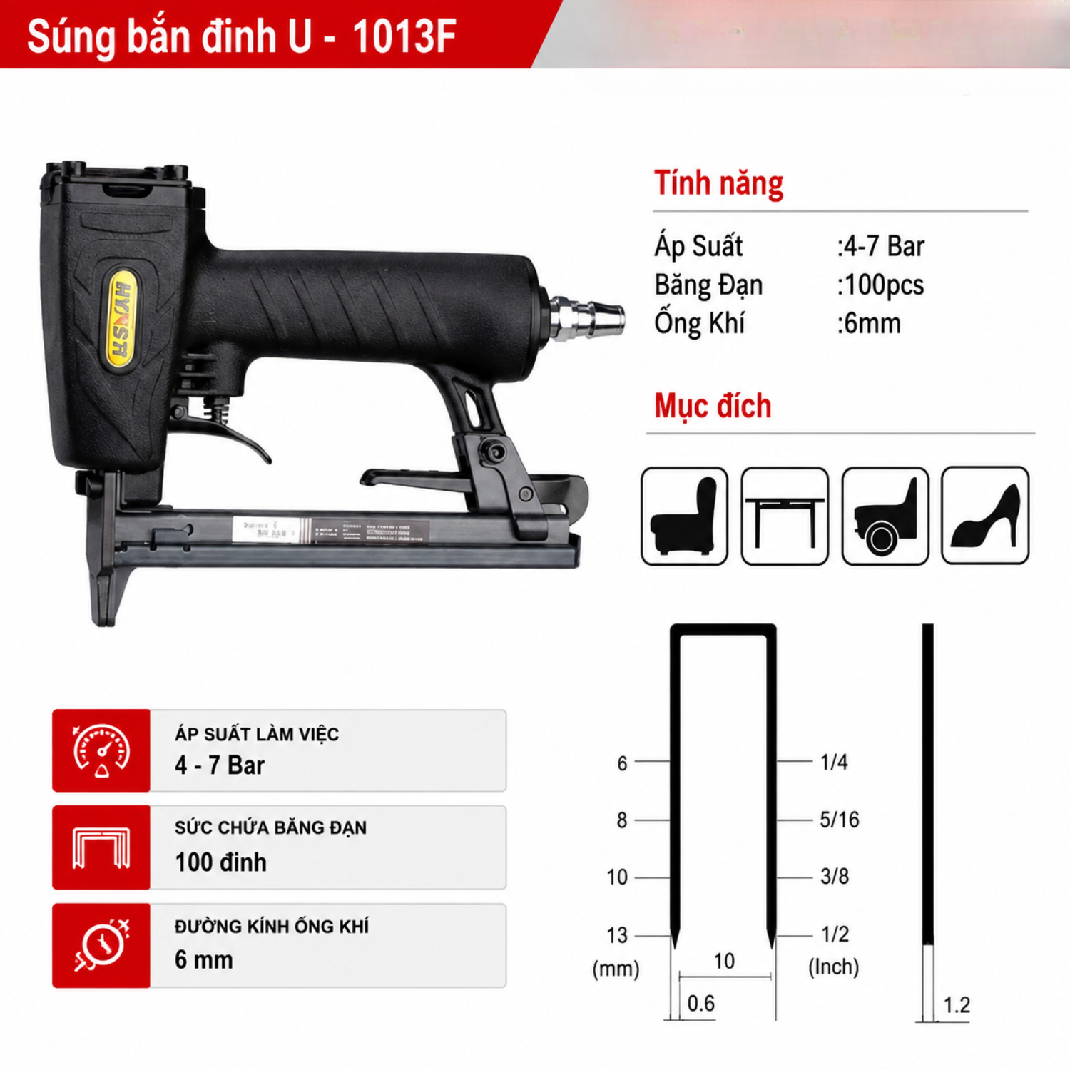 Súng Bắn Đinh U Hybest 1013F Dùng Khí Nén - Bắn Đinh 6-13mm chính hãng