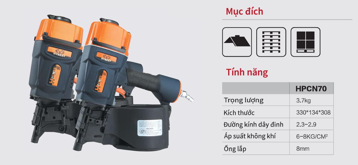Súng Đinh Cuộn Hybest HPCN70 Chính Hãng, Dùng Đinh 2.3-2.9mm, Áp Suất 6-8kg, cm²