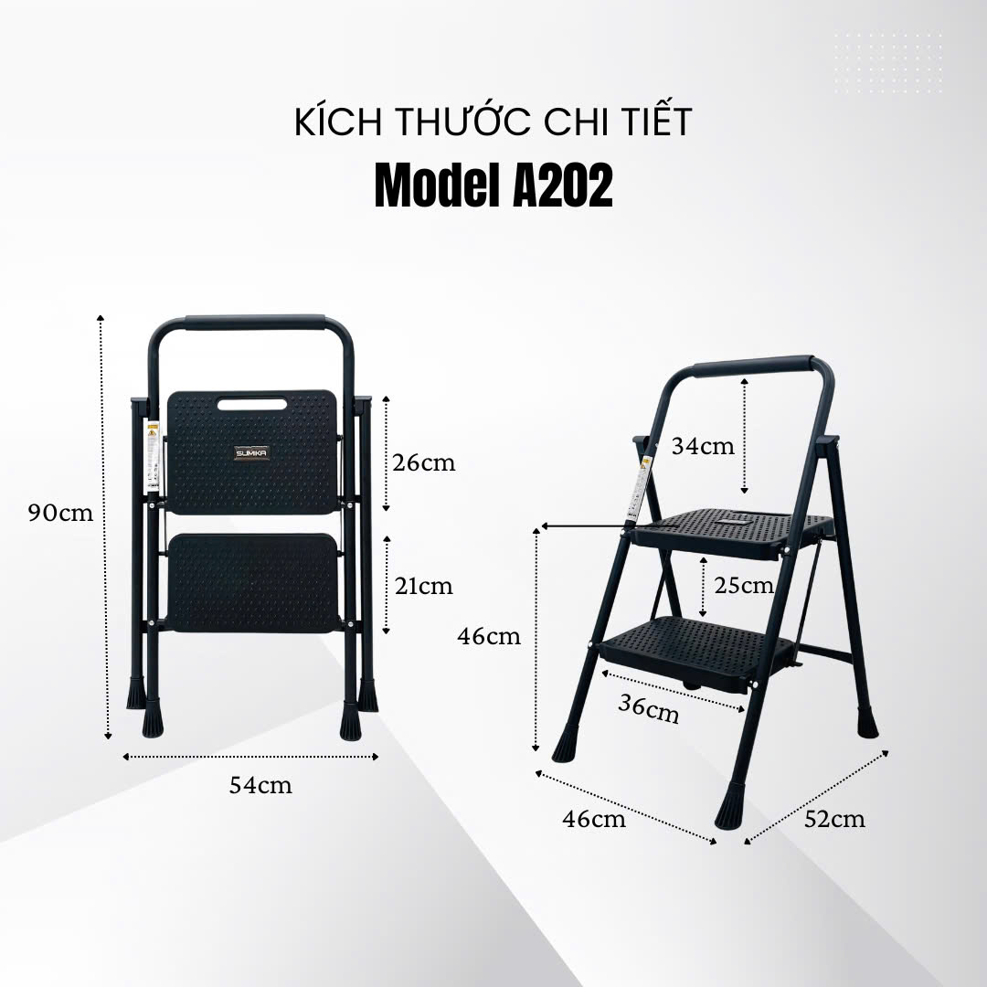 Thang Ghế 02 Bậc SUMIKA A202 - Thép Carbon, Tải 150kg, Tiêu Chuẩn EN131, Gấp Gọn