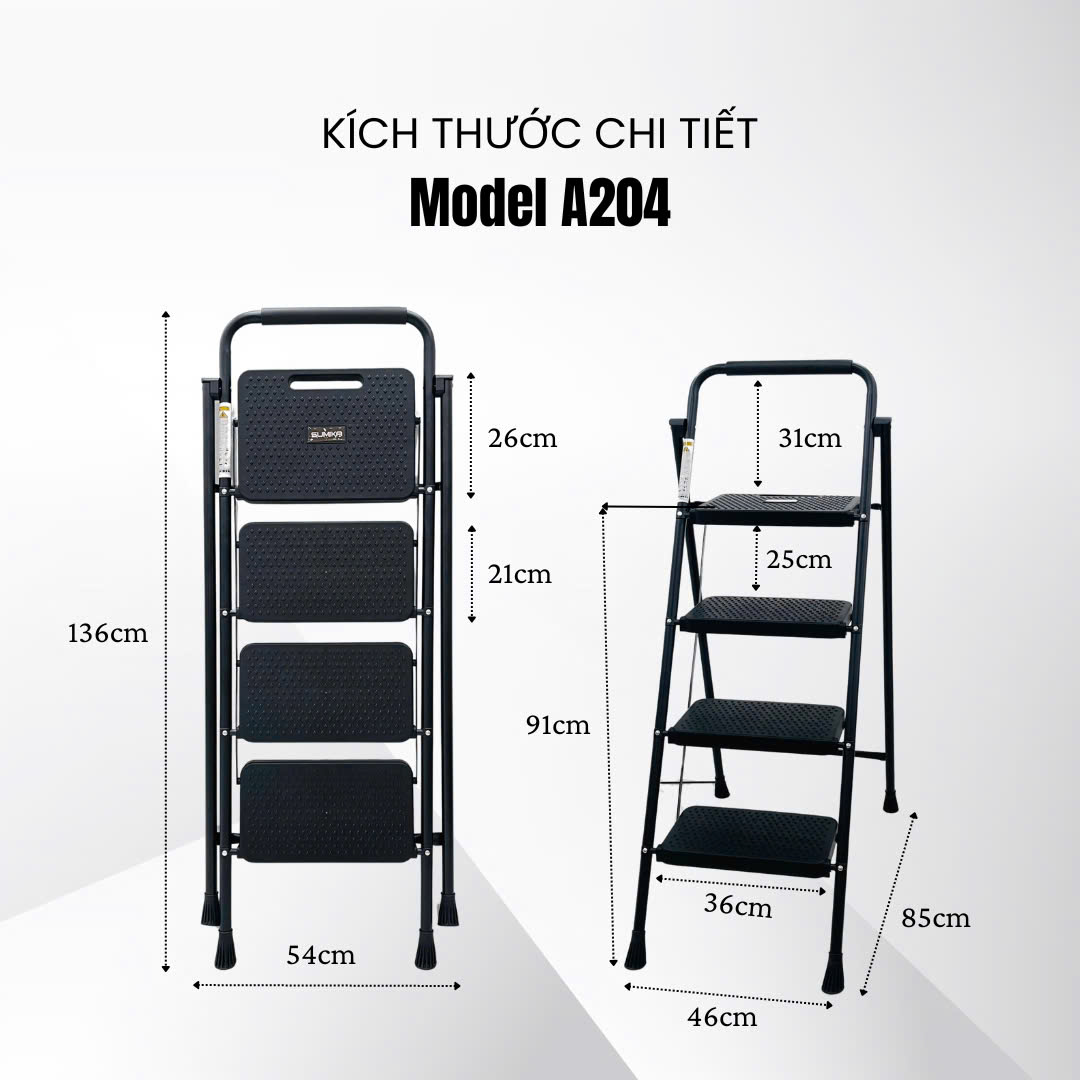 Thang Ghế 04 Bậc SUMIKA A204 - Thép Carbon, Tải 150kg, EN131, Gấp Gọn, Bậc Rộng