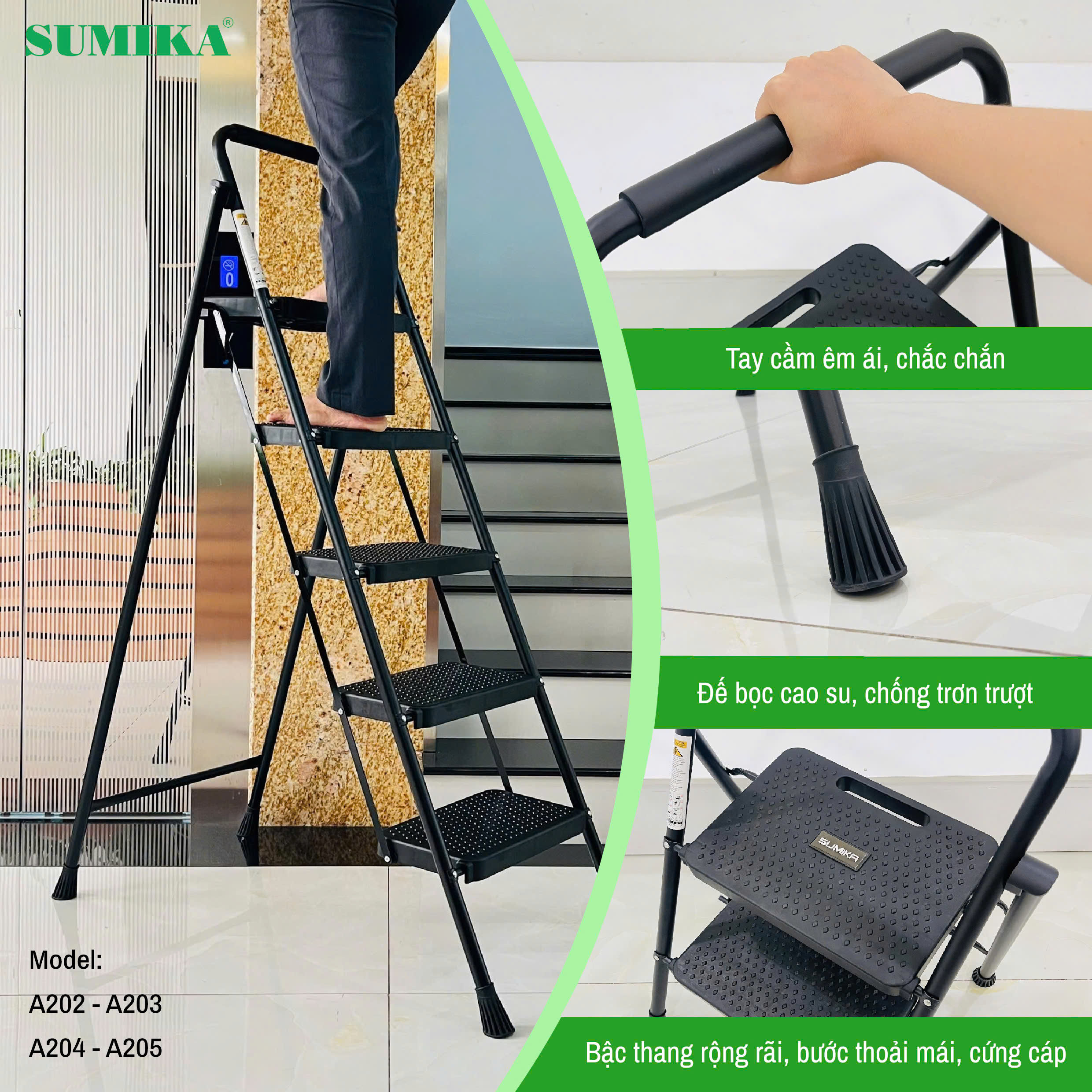 Thang Ghế 04 Bậc SUMIKA A204 - Thép Carbon, Tải 150kg, EN131, Gấp Gọn, Bậc Rộng