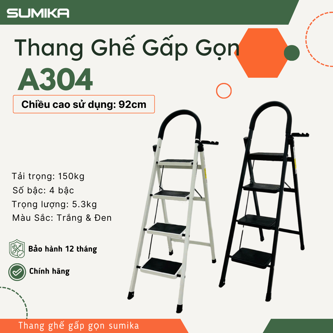 Thang Ghế 04 Bậc SUMIKA A304 - Thép Chắc, Tải 150kg, Chuẩn EN131