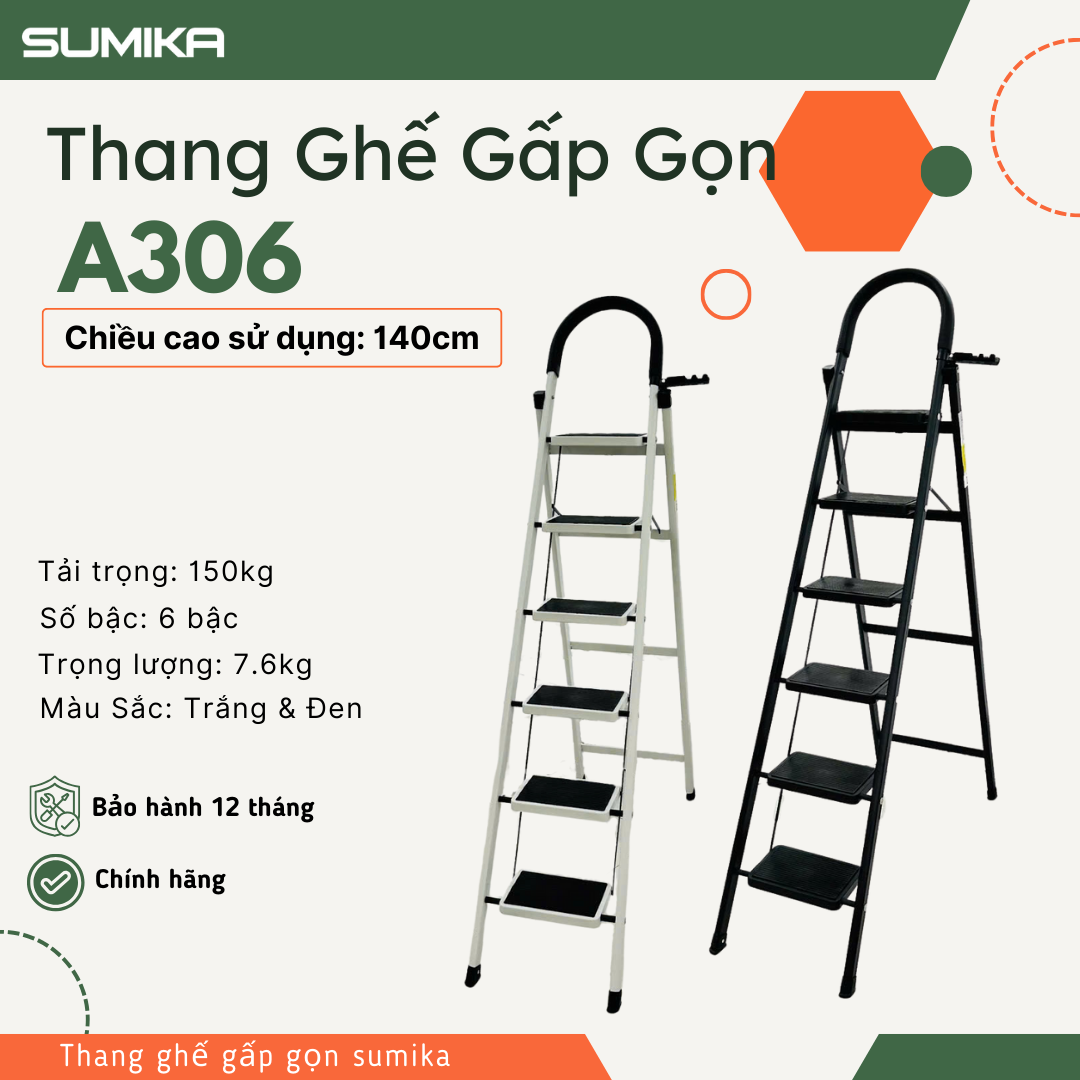 Thang Ghế 06 Bậc SUMIKA A306, Thép Chịu Lực, Tải 150kg, Chuẩn EN131