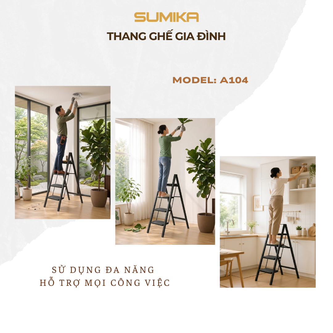 Thang Ghế 4 Bậc SUMIKA A104 - Th&eacute;p Sơn Tĩnh điện, Tải 150kg, Cao 94cm