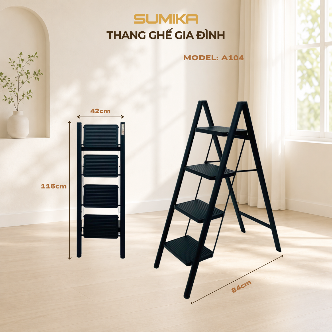 Thang Ghế 4 Bậc SUMIKA A104 - Thép Sơn Tĩnh điện, Tải 150kg, Cao 94cm