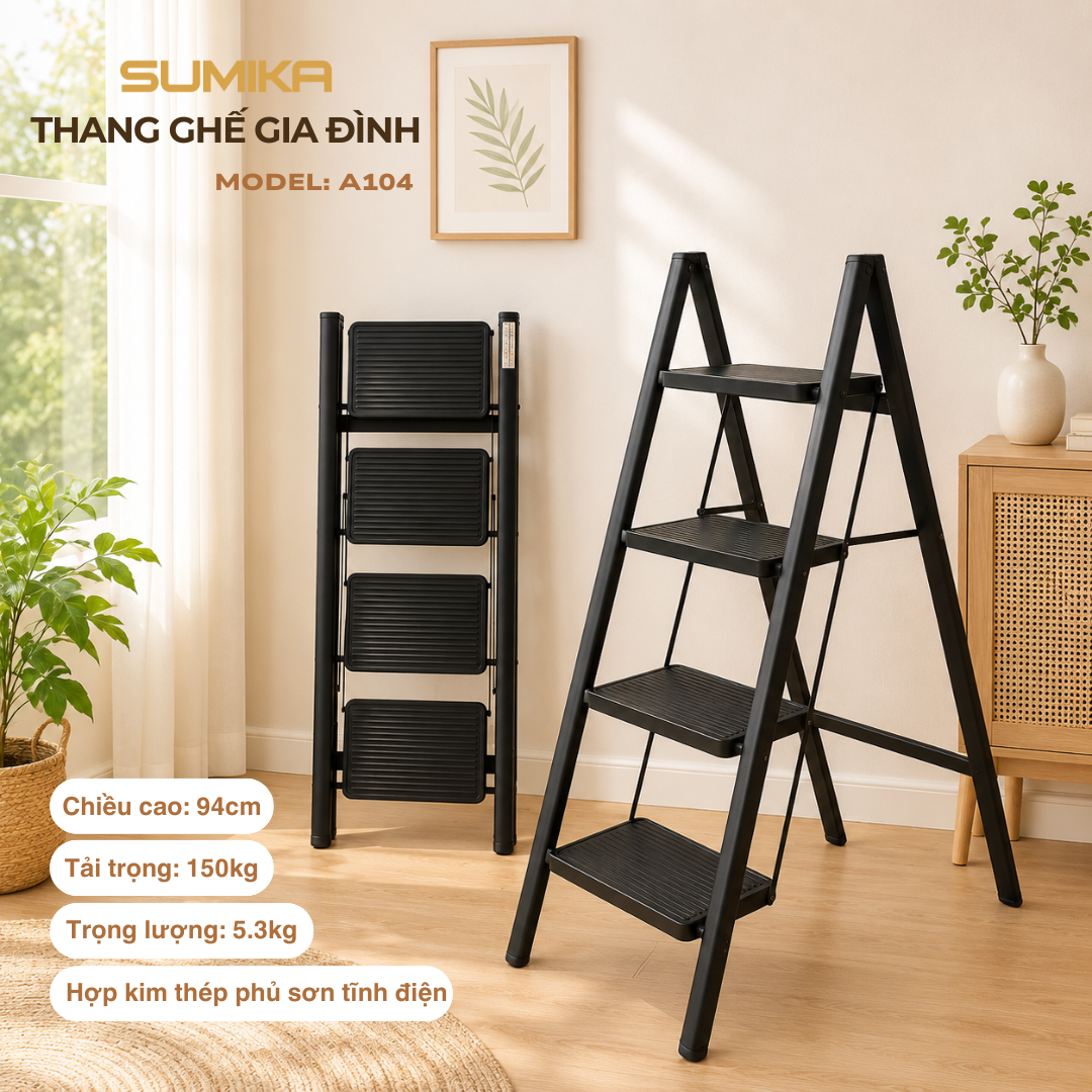 Thang Ghế 4 Bậc SUMIKA A104 - Thép Sơn Tĩnh điện, Tải 150kg, Cao 94cm