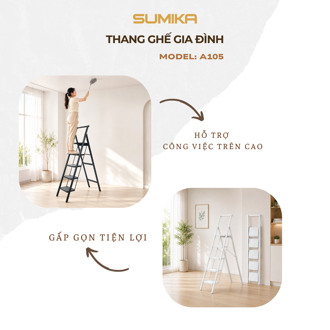 Thang Ghế 5 Bậc SUMIKA A105 - Thép Tiêu Chuẩn EU, Tải 150kg, Cao 117cm