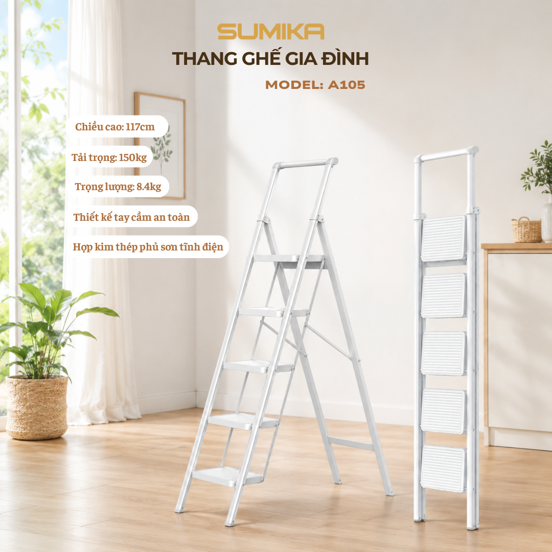 Thang Ghế 5 Bậc SUMIKA A105 - Thép Tiêu Chuẩn EU, Tải 150kg, Cao 117cm
