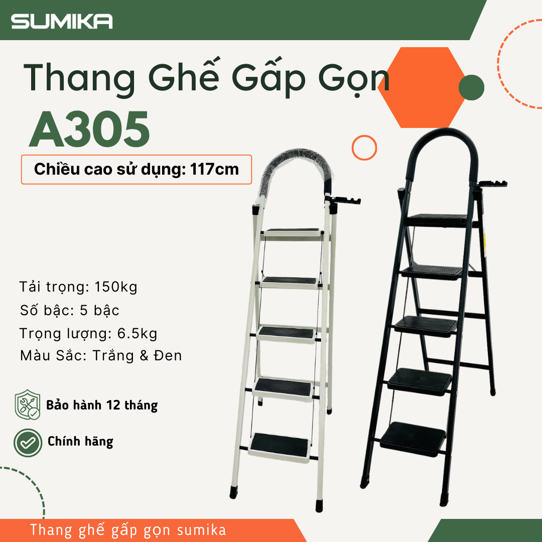 Thang Ghế 5 Bậc SUMIKA A305 - Thép Bền, Tải 150kg, Chuẩn EN131