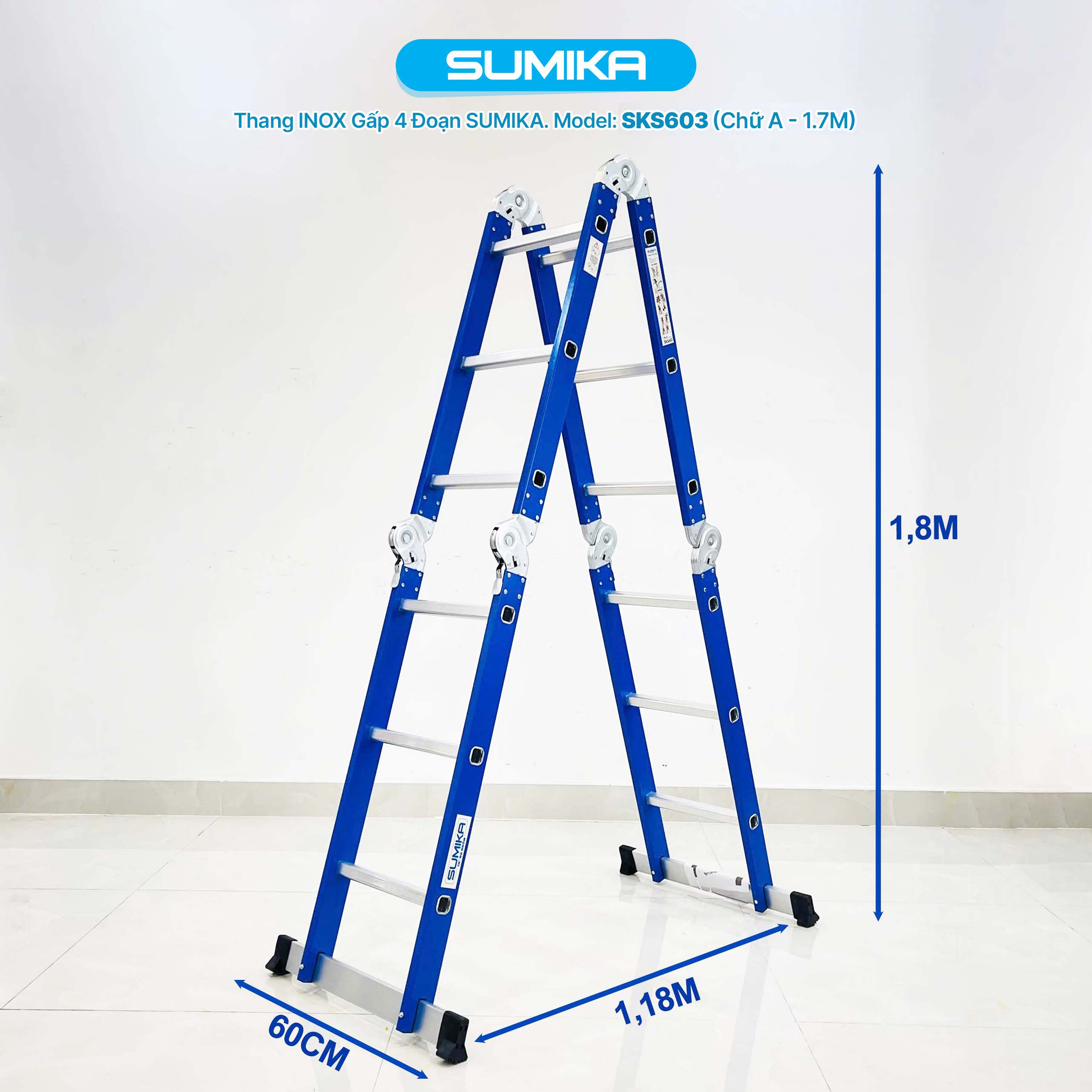 Thang Inox Gấp 4 đoạn SUMIKA SKS603 - Chữ A 1.7m, Chữ I 3.4m, Tải 300kg