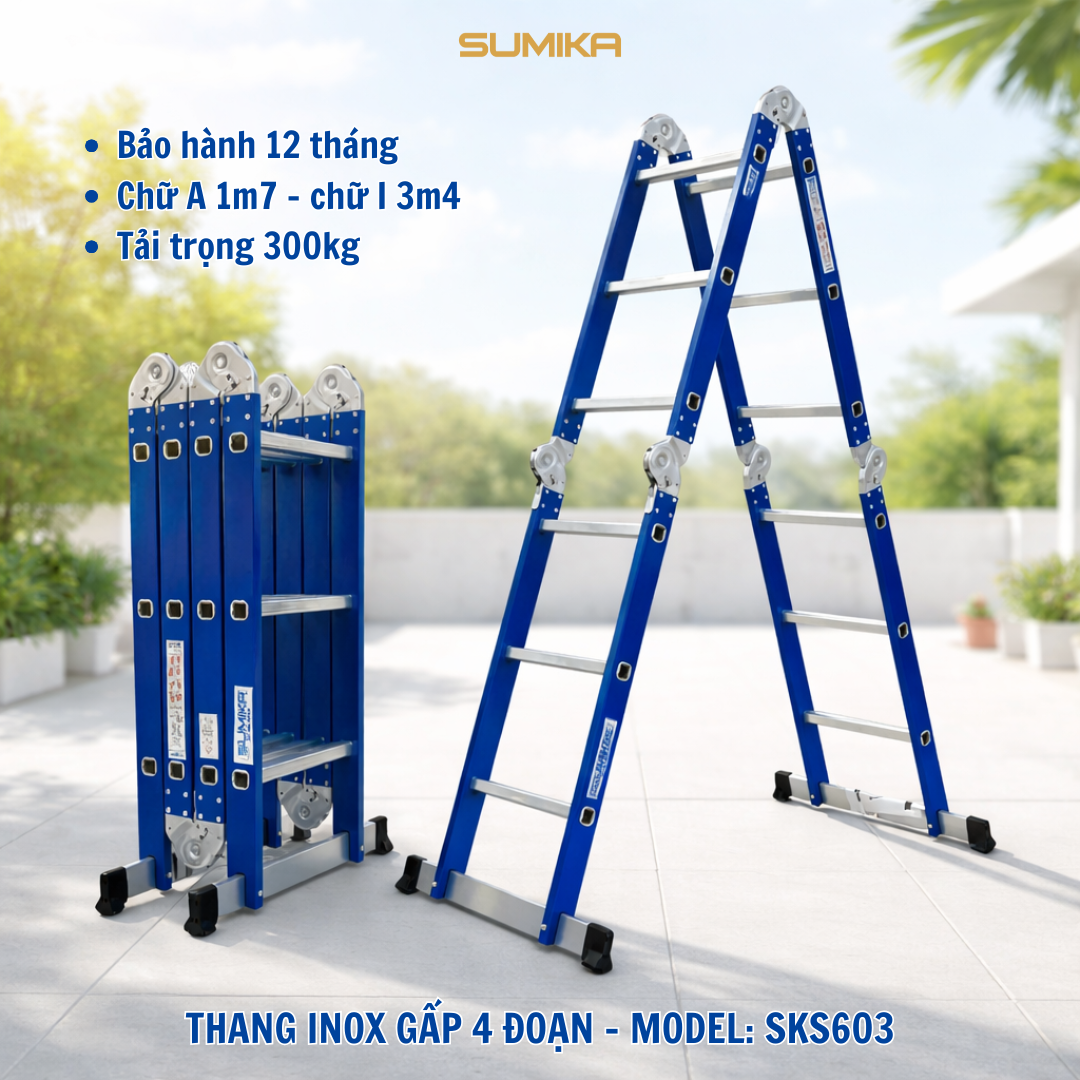 Thang Inox Gấp 4 đoạn SUMIKA SKS603 - Chữ A 1.7m, Chữ I 3.4m, Tải 300kg