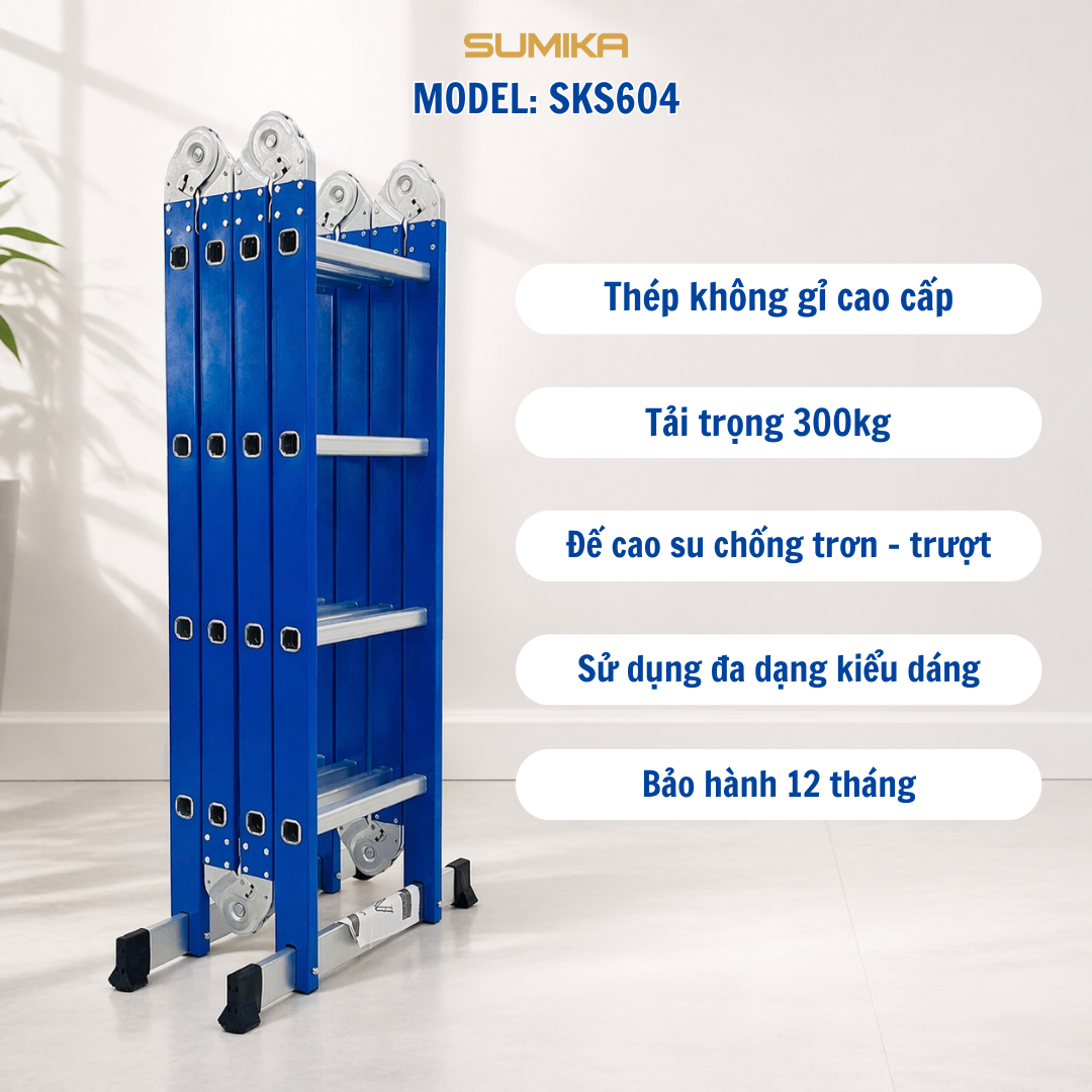 Thang Inox Gấp 4 đoạn SUMIKA SKS604 - Chữ A 2.35m / I 4.7m, Tải 300kg