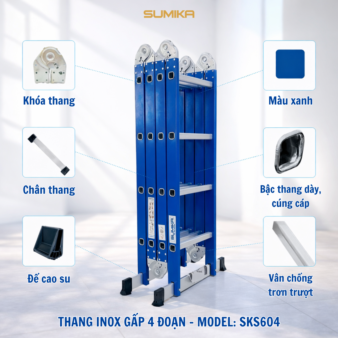 Thang Inox Gấp 4 đoạn SUMIKA SKS604 - Chữ A 2.35m / I 4.7m, Tải 300kg