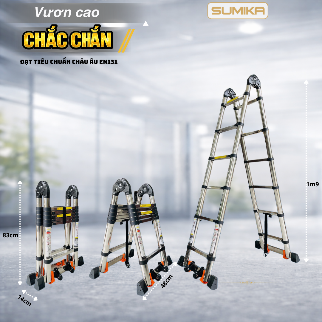 Thang Inox Rút đôi SUMIKA TA190 - Cao Chữ A 1.9m, 6 Bậc, Tải 300kg – Inox 1mm