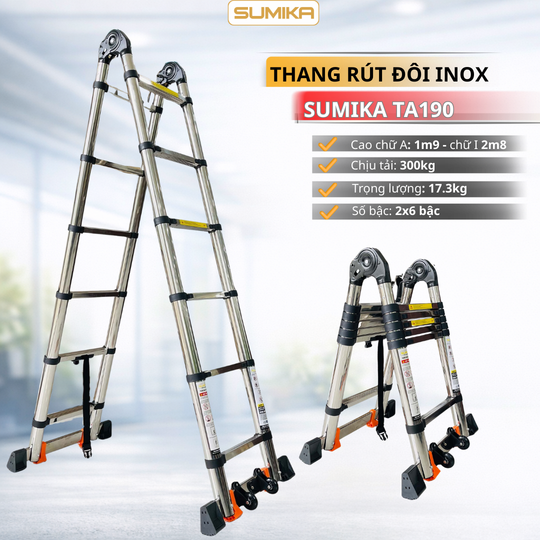 Thang Inox Rút đôi SUMIKA TA190 - Cao Chữ A 1.9m, 6 Bậc, Tải 300kg – Inox 1mm