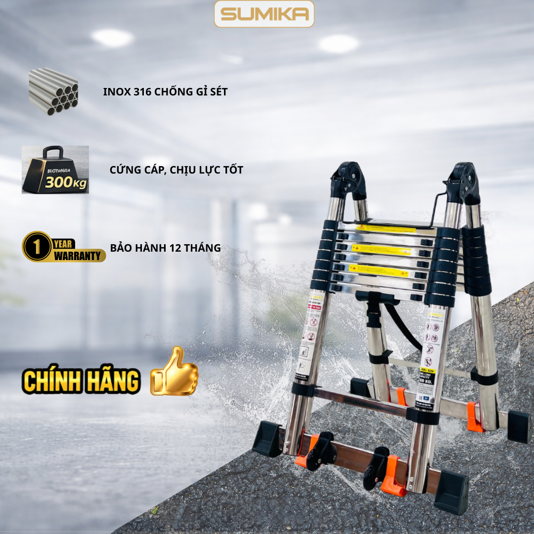 Thang Inox Rút đôi SUMIKA TA220 - Rút 4.4m, Tải 300kg, Chuẩn EN131