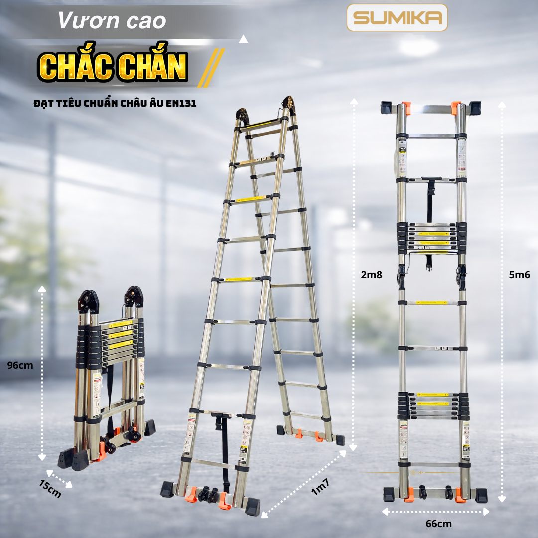 Thang Inox Rút đôi SUMIKA TA280 - 2x9 Bậc, Tải 300kg, Cao Tối đa 5.6m