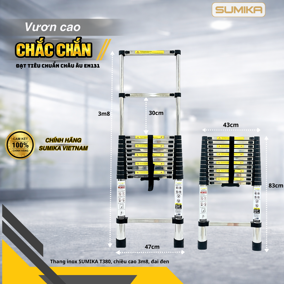 Thang Inox Rút Gọn SUMIKA T380 - Cao 3.8m, Chân đế Chống Trượt, Tải 300kg