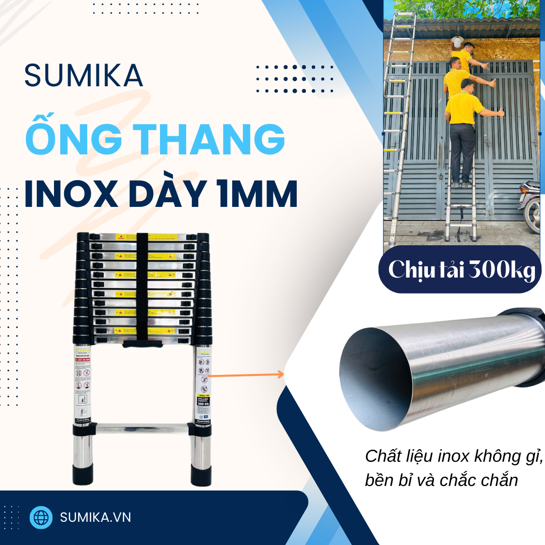 Thang Inox Rút Gọn SUMIKA T380 - Cao 3.8m, Chân đế Chống Trượt, Tải 300kg