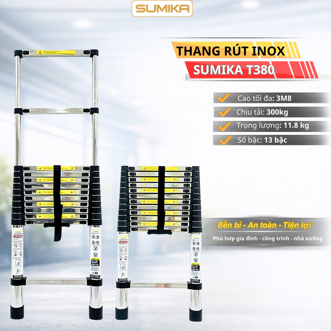 Thang Inox Rút Gọn SUMIKA T380 - Cao 3.8m, Chân đế Chống Trượt, Tải 300kg