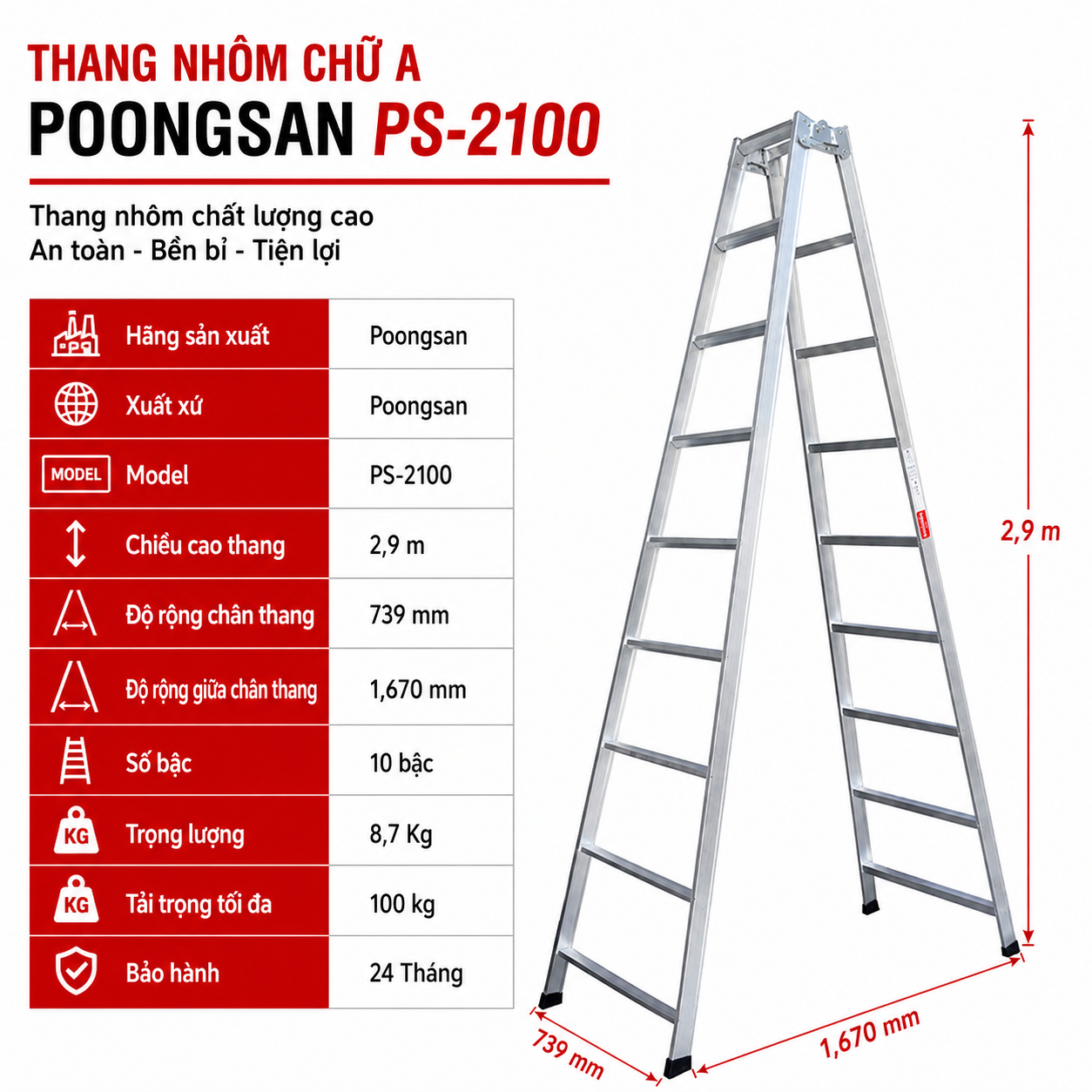 Thang Nhôm Chữ A 2m9 10 Bậc Poongsan PS-2100, Nhập Khẩu Hàn Quốc Chính Hãng PS 2100