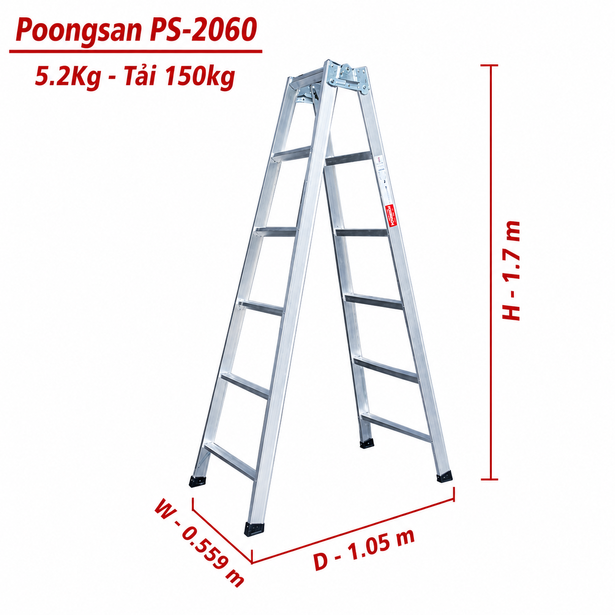 Thang Nhôm Chữ A Cao 1m7 6 Bậc Poongsan PS-2060, Chính Hãng Nhập Khẩu Hàn Quốc PS 2026