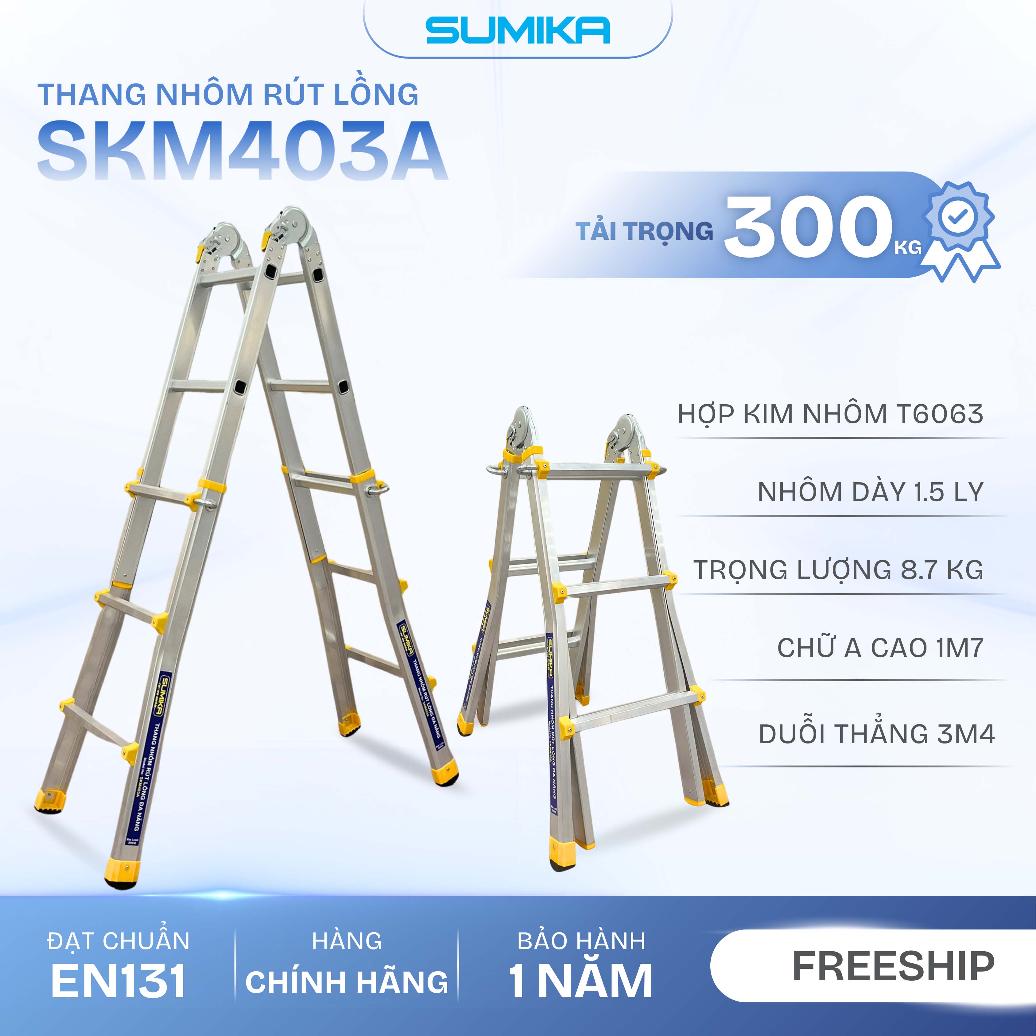 Thang Nhôm Chữ A Rút Lồng SUMIKA SKM403 | Chữ A Cao 1.4m, Gọn Nhẹ, An Toàn